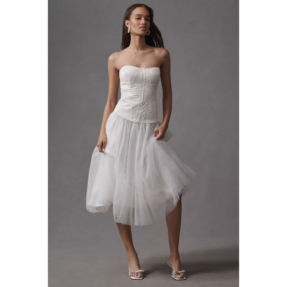 Anthropologie BHLDN Strapless ALine White Satin TulleSkirt Midi Dress Size M NWT